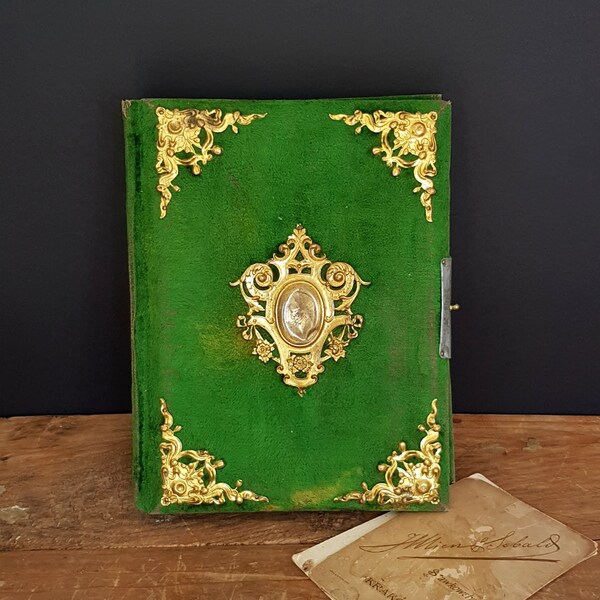 ART NOUVEAU Green Velvet Photo Album with Brass Decoration  Antique Rare Photos Book with Ornaments 1800's Photos Album