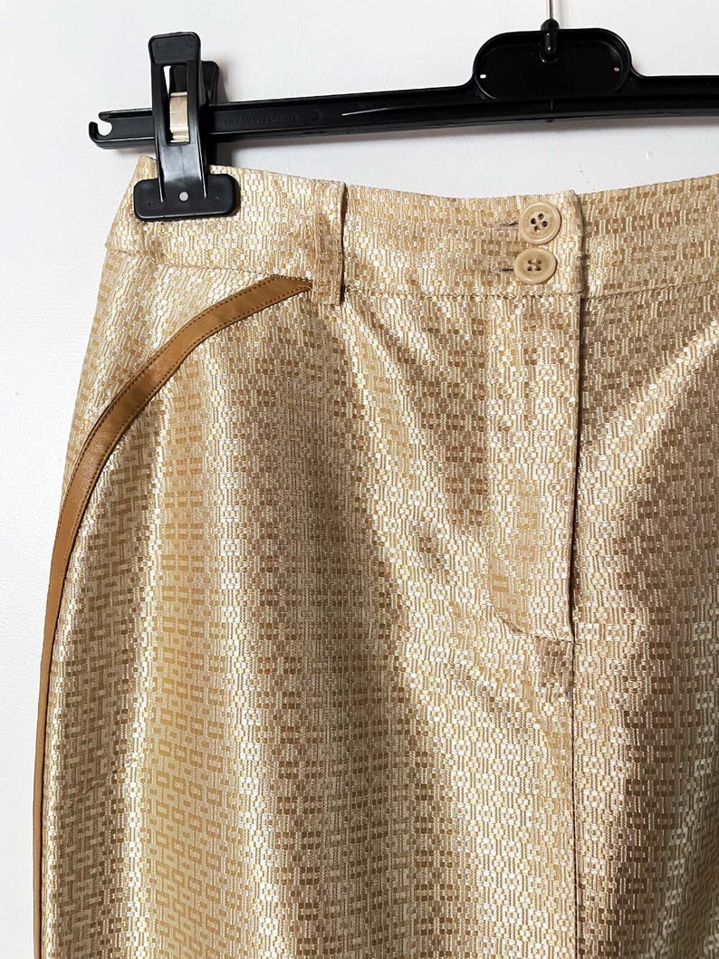 Vintage Gold Metallic Skirt size S-M Pencil Skirt with Leather detail Vintage Italian Designer Golden Skirt Party Glam Gold Skirt