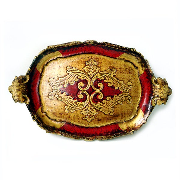 Vintage Italian Golden Wooden Tray, Florentine Ornate Gold and burgundy Tray ,Made in Italy.