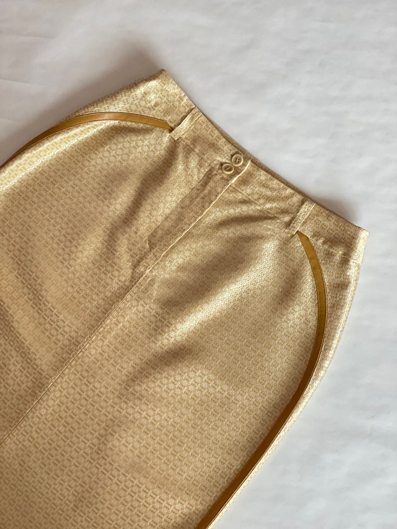 Vintage Gold Metallic Skirt size S-M Pencil Skirt with Leather detail Vintage Italian Designer Golden Skirt Party Glam Gold Skirt