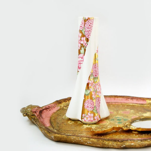 Vintage Italian Porcelain Vase, Shabby Chic Flowers Vase ,Pink and Gold Vase, Fine Bone China Hydrangea Vase,Wedding Gift
