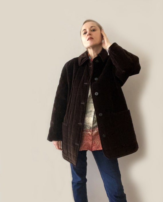 Vintage Italian Brown Velvet Quilted Jacket , Velvet Outerwear Size M/L Jacket , Women's Outdoors Oversized Quilted Jacket Made in Italy