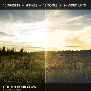 Puede incluir: Una imagen digital dividida que muestra un paisaje antes y después de la edición. El texto superior dice 10 PRESETS + 4 FIXES + 15 TOOLS + 14 VIDEO LUTS. El texto inferior dice GOLDEN HOUR GLOW BEFORE | AFTER. Muestra un campo de hierba.