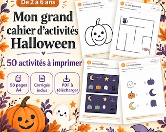 Peut inclure: Un cahier d'activités d'Halloween pour les enfants de 2 à 6 ans, intitulé Mon grand cahier d'activités Halloween. Il contient 50 activités à imprimer, 58 pages A4 et inclut les corrigés en format PDF téléchargeable.