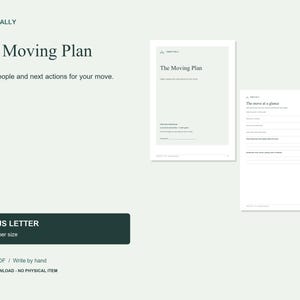 May include: A digital moving planner document titled The Moving Plan by Tern & Tally. The document includes pages for dates, people, and next actions, with a section titled The move at a glance. It is available in A4 and US Letter sizes.