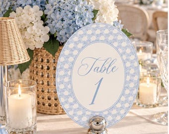 Tischnummern 1–20 aus blauem Rattan für Hochzeiten, Tischschilder im Küstenstil, bearbeitbare Canva-Vorlage, druckbare PDF-Datei, blau-weiße Hochzeitsdekoration