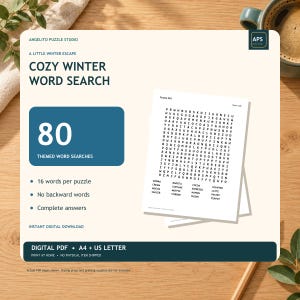 Puede incluir: Una colección digital de sopas de letras titulada Cozy Winter Word Search de Angelito Puzzle Studio. El documento incluye 80 rompecabezas temáticos, 16 palabras por rompecabezas, sin palabras al revés y respuestas completas en A4 y US Letter.