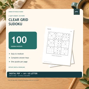 Puede incluir: Un libro de Sudoku digital titulado Clear Grid Sudoku de Angelito Puzzle Studio. La portada incluye el texto 100 Sudoku Puzzles, Easy to medium, Complete answer keys y One puzzle per page. Se muestra una página de ejemplo.