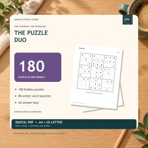 May include: A digital download bundle titled The Puzzle Duo from Angelito Puzzle Studio. It contains 180 puzzles, including 100 Sudoku puzzles and 80 winter word searches with answer keys. The document is available in A4 and US Letter sizes.