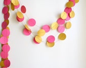 Gold Fuchsia wedding garland, Set of 2 garlands, Magenta Gold circle party paper garland, hot pink baby shower decor, nursery decor
