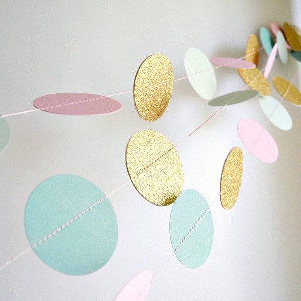 Mint Pink gold glitter garland, mint green circle paper , pink baby shower decor, nursery decor, girl birthday party garland