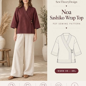 May include: A PDF sewing pattern for the Noa Sashiko Wrap Top by SewTheoryDesign. The image displays a maroon wrap top with three-quarter sleeves and two buttons, paired with beige wide-leg trousers. Includes a technical line drawing.