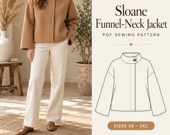 May include: A PDF sewing pattern for the Sloane Funnel-Neck Jacket, featuring a tan jacket with a high collar and button closure, white trousers, and a technical line drawing of the jacket with text indicating sizes XS to 3XL.