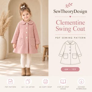 Könnte beinhalten: Ein altrosa Cord-Mantel in A-Linie mit abgerundetem Kragen, vier Knöpfen und zwei aufgesetzten Taschen. Der Text lautet SewTheoryDesign Clementine Swing Coat PDF SEWING PATTERN 6M - 10Y. Enthält Symbole für PDF-Schnittmuster, A4, US Letter, A0, Anleitung und Download.
