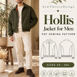 Men’s Jacket Sewing Pattern | Lined Zip Up Bomber PDF Pattern | Shirt Collar or Rib Collar | Hidden Pockets | Sizes XS-4XL Digital Download