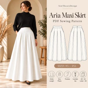 May include: A white maxi skirt with box pleats and pockets, shown as a PDF sewing pattern by SewTheoryDesign. The Aria Maxi Skirt pattern includes sizes XS to 4XL, featuring an ankle length, invisible zipper, and A4, US Letter, and A0 formats.