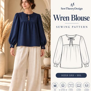 May include: A navy blue long-sleeve blouse with a round neckline, a front tie closure, and buttoned cuffs. The image includes the text SewTheoryDesign Wren Blouse Sewing Pattern, sizes XXS-5XL, and a technical line drawing of the garment.