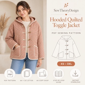 Women’s Hooded Quilted Jacket Pattern | XS-3XL PDF Sewing Pattern | Toggle Front Quilt Coat | Easy Bias Bound Hoodie Jacket DIY