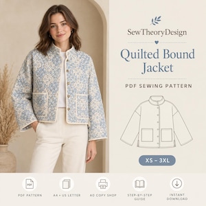 Women’s Quilted Jacket Sewing Pattern | XS-3XL PDF Sewing Pattern | Bias Bound Cropped Coat | Beginner Snap Front Patchwork Style