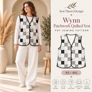 May include: A Wynn patchwork quilted vest PDF sewing pattern featuring a black and white checkered and floral block design. The vest has a V-neckline, three front buttons, and black trim. The pattern includes sizes XS through 4XL.