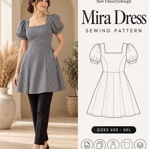 May include: A black and white gingham dress with a square neckline and puff sleeves, paired with black trousers. The image includes a technical line drawing of the Mira Dress sewing pattern by SewTheoryDesign, featuring sizes XXS to 5XL, PDF format, and pocket details.
