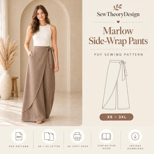 May include: A PDF sewing pattern for Marlow Side-Wrap Pants by SewTheoryDesign. The image shows a white sleeveless top and brown wide-leg wrap pants with a side tie. Includes a line drawing of the pants, size range XS-3XL, and icons.