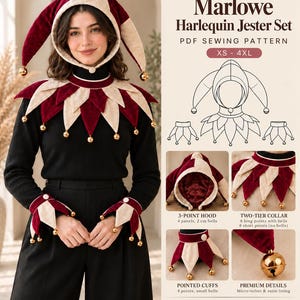 Könnte beinhalten: Marlowe Harlequin Jester Set PDF-Schnittmuster für die Größen XS-4XL. Enthält eine 3-Punkt-Kapuze, einen zweistufigen Kragen mit 8 langen und 8 kurzen Spitzen sowie spitze Manschetten. Mit goldenen Glöckchen, Mikro-Samt und Satinfutter.