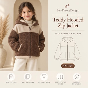 Può includere: Un cartamodello PDF per una giacca Teddy con cappuccio e zip di SewTheoryDesign. Il design presenta uno schema bicolore con pile marrone scuro e pannelli beige chiaro, una cerniera frontale, cappuccio e tasche, per età da 1Y a 10Y.