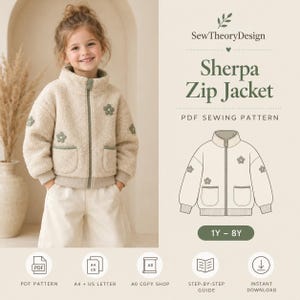 Kids Sherpa Jacket Sewing Pattern | Sizes 1Y-8Y PDF Sewing Pattern | Lined Zip Up Funnel Collar Coat | Girls Boys Winter Jacket