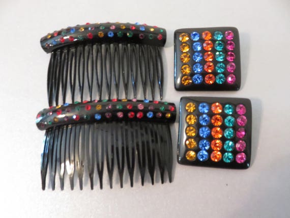 1980s Rhinestone Hair Combs and Earrings, unused 1
