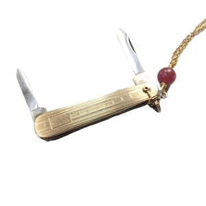 Knife Necklace, Vintage Deco 10 kt Gold Filled Pocket Knife, Long Brass Rolo Chain, Ruby Bead, Initial O or G