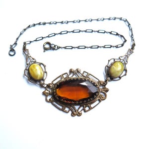 Arts & Crafts Necklace ~  Brass and Rootbeer Glass