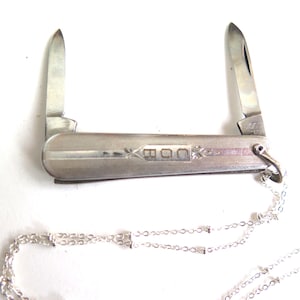 Vintage Art Deco ,Pocket Knife, Knife Necklace, Wells, RGP, Voos blades, Antique Pocket Knife, New Silver metal Chain