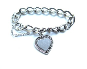 Victorian Sterling Silver Link Bracelet With Heart Charms, Circa