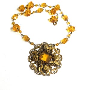 Antique Necklace ~Buttery Gold Glass Beads, Ornate Brass