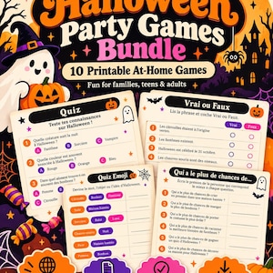 Peut inclure: Un ensemble de jeux de fête d'Halloween comprenant 10 jeux imprimables à domicile. L'image montre un fantôme, des citrouilles, des chauves-souris et des araignées. Le texte inclut Halloween Party Games Bundle, Quiz, Vrai ou Faux et Quiz Emoji.