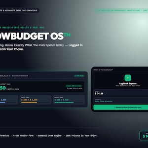 Può includere: Una dashboard digitale per fogli di calcolo intitolata FLOWBUDGET OS con interfaccia scura e dettagli verdi. Include strumenti di monitoraggio finanziario, una dashboard esecutiva e un modulo mobile per la registrazione rapida delle spese per Google Sheets ed Excel.