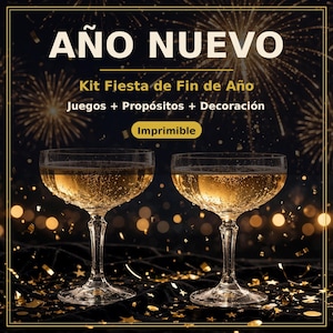 May include: Two champagne coupes filled with sparkling liquid against a dark background with fireworks. Text reads: AÑO NUEVO, Kit Fiesta de Fin de Año, Juegos + Propósitos + Decoración, Imprimible. Gold confetti is scattered below.