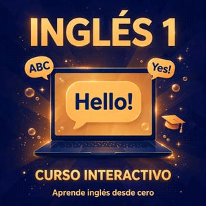 Puede incluir: Un gráfico digital para un curso de inglés con un portátil que muestra la palabra Hello en un bocadillo. El texto incluye INGLES 1, CURSO INTERACTIVO y Aprende ingles desde cero, con iconos flotantes de ABC, Yes y un birrete.
