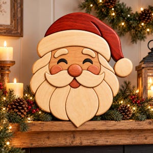 May include: A wooden Santa Claus face wall decoration featuring a deep red hat, light tan beard, mustache, and eyebrows, with a round reddish-brown nose and rosy cheeks. The piece is crafted from layered wood segments with a smooth, polished finish.