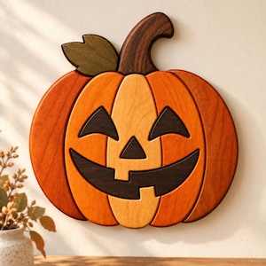 Pode incluir: Uma decoração de parede de madeira em forma de abóbora de Halloween com um caule e uma folha castanho-escuros. A abóbora é composta por peças segmentadas em vários tons de laranja e amarelo claro, com olhos, nariz e boca castanhos.