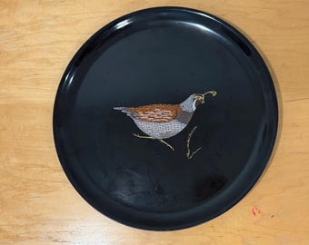 Bandeja de servir Couroc Quail de mediados de siglo, 10,5 cm, vintage, madera negra con incrustaciones de latón.