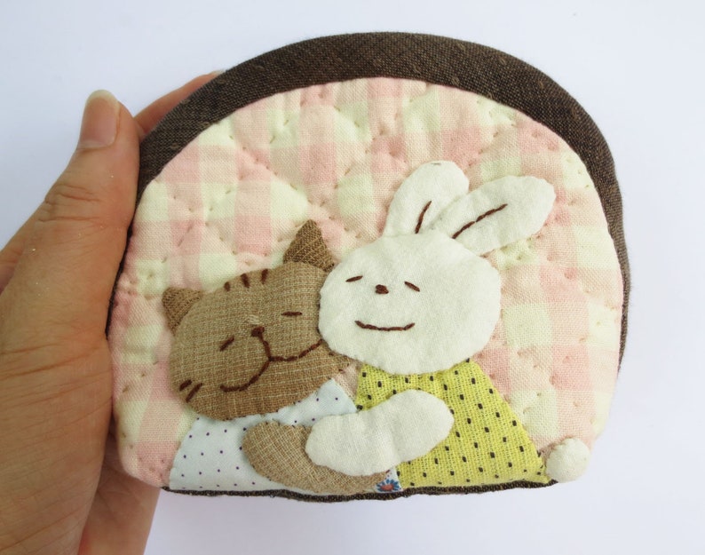 FREE shipping handmade cat rabbit quilt applique fabric wallet pocket coin pouch purse mini bag