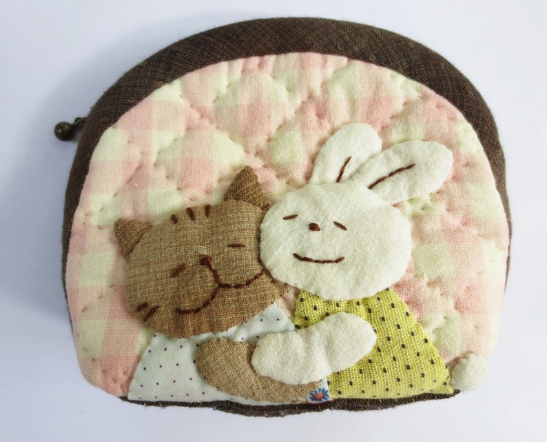FREE shipping handmade cat rabbit quilt applique fabric wallet pocket coin pouch purse mini bag