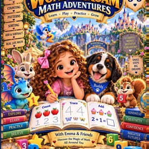 May include: A children's educational book titled Wonderroam Math Adventures featuring a girl with curly hair, a puppy named Buddy, a blue dragon, a rabbit, and a squirrel. The open book displays counting, tracing, and addition exercises with colorful illustrations.