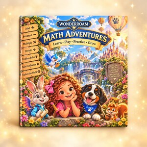 May include: A hardback book titled Wonderroam Math Adventures featuring a girl with curly hair, a rabbit, a puppy, and a squirrel. The cover displays text including Add, Subtract, Multiply, Divide, Problem Solve, Build Confidence, Explore the World, and Bigger Brains, Kinder Hearts, Brighter Tomorrows.