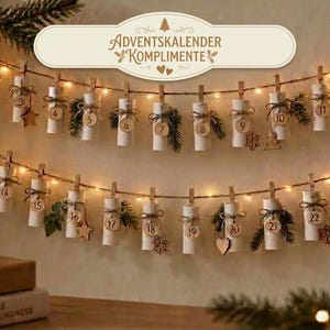 May include: An advent calendar featuring twenty-four white cylindrical paper rolls hanging from two strings of warm white fairy lights. Each roll is numbered one through twenty-four with wooden discs and decorated with small pine sprigs and twine.