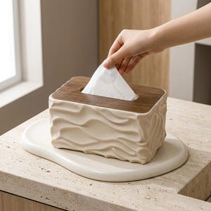 Modern Tissue Box Cover, Decorative Tissue Holder with Wood-Look Lid, White Textured Napkin Case, Minimalist Bathroom Bedroom & Home Decor