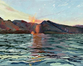 Original Acrylic Painting: The Light Between, Mountains Lake Scene