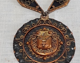 Stunning Large 1940s 50s  Diaz Santoyo MIxed Metals Mexico Aztec God Face Necklace Pendant by VINTAGE CORNER ONLINE